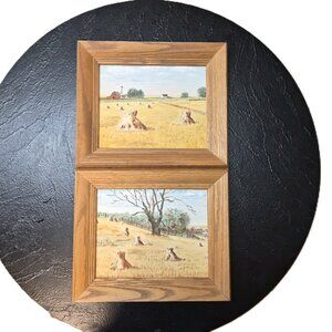 VTG Canadian Prairie Oil Paintings Pair Framed Landscape Art Dyptich Farmhouse